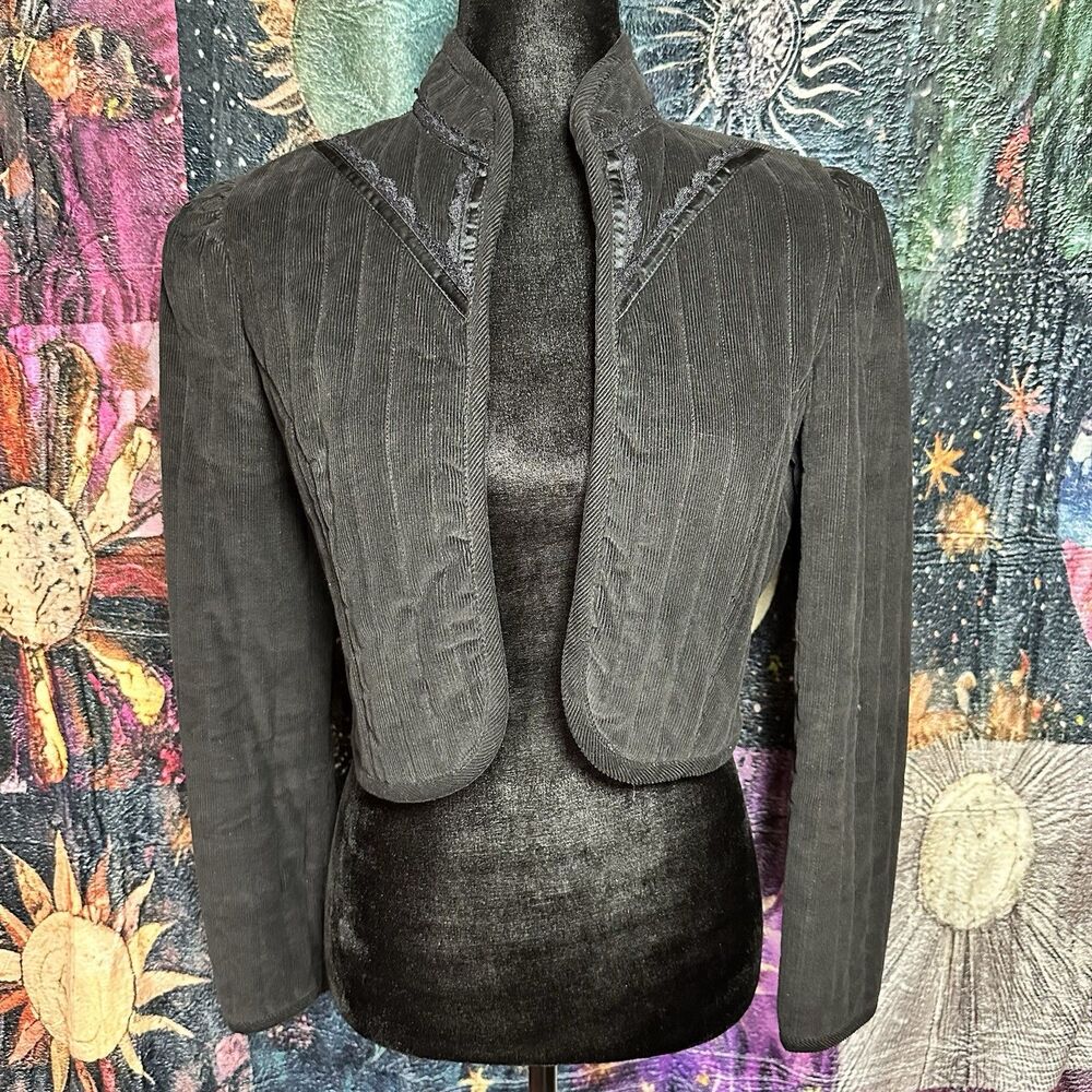 Vintage Union Made Black Cropped Bolero Open Jacket. Chevron Yoke. Small. Boho.